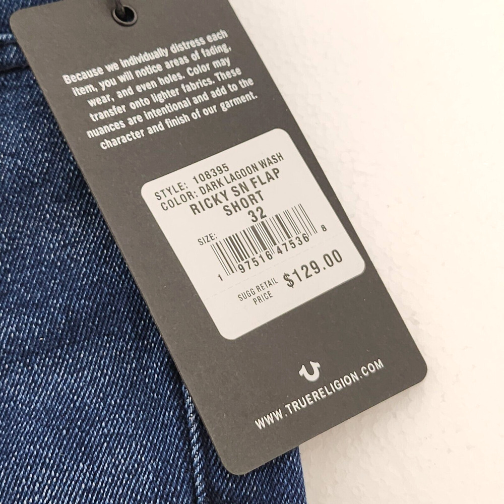 New True Religion Ricky SN Flap Shorts (32") Men Dark Lagoon Wash Denim Relaxed - Picture 3 of 10